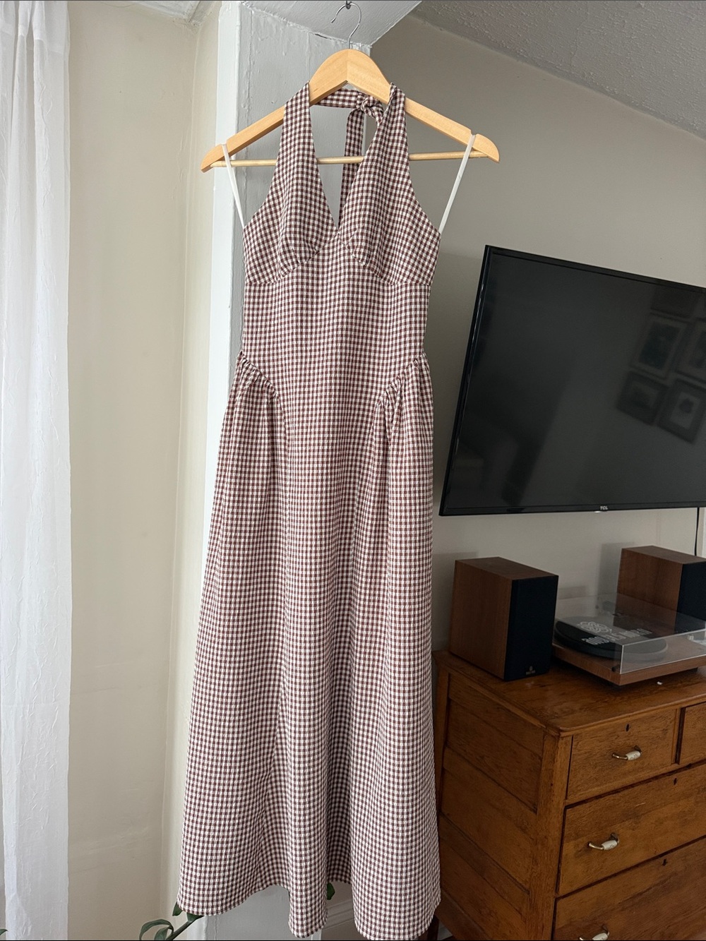 Band of the Free Gingham Halter Maxi Dress Brown White Smocked Size S